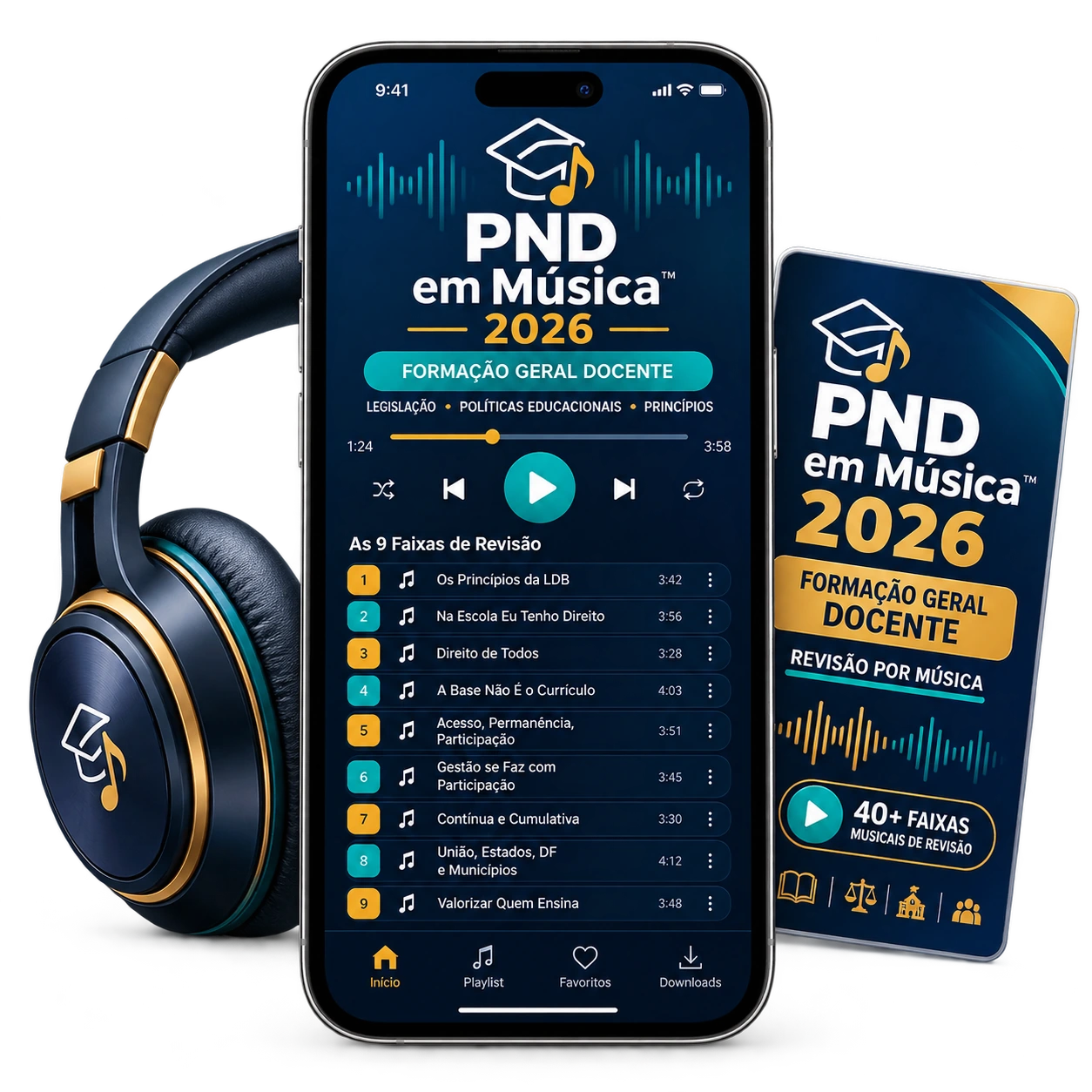 Mockup do PND em Música 2026 com celular, fone e acesso às faixas de revisão